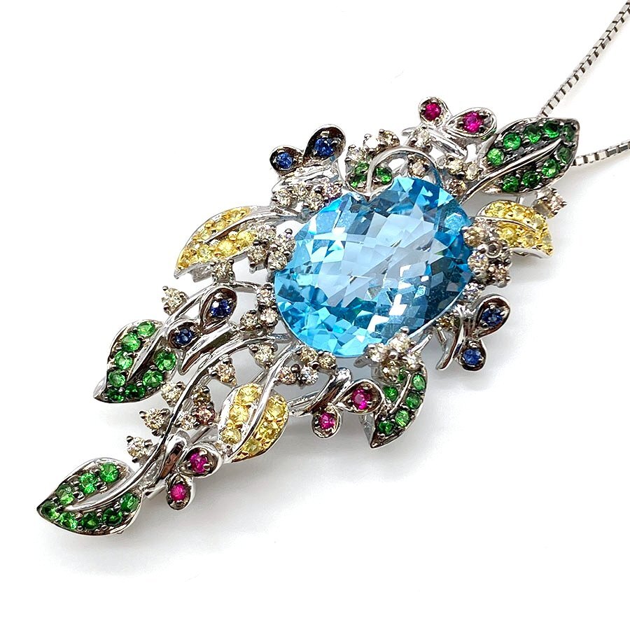 g18144　K18WG　ブルートパーズ17ct　D0.78ct　マルチストーン1.20ct　ネックレス　USED　美品　19.8g　45cm