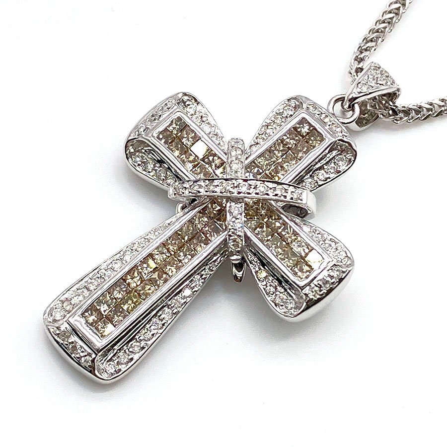 g20957　750/K18WG　D2.15ct　クロスネックレス　ピアス　2WAY　USED　美品　21.5g　50cm　アジャスター付