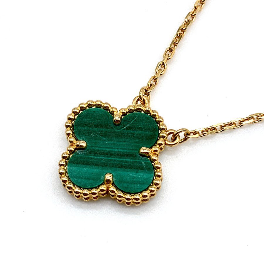 g21584　Van Cleef & Arpels　ヴィンテージアルハンブラ　K18YG　マラカイト　ネックレス　USED　美品　5.4g　42cm　ケース・保証書付