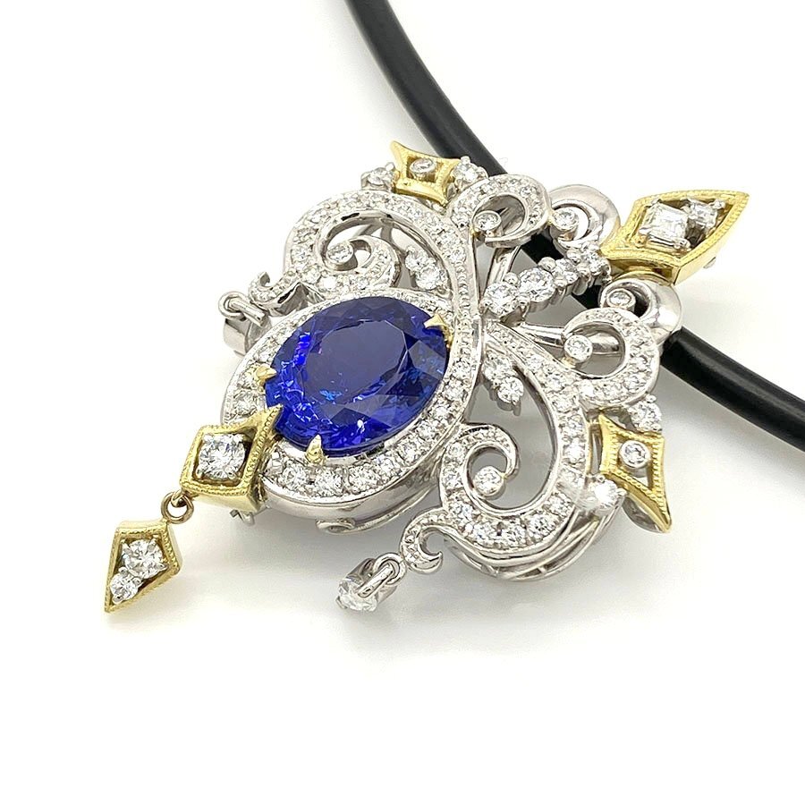 g21680　Pt900/K18/K14WG　タンザナイト6.13ct　D1.80ct　K18WG金具ラバーネックレス　USED　美品　20.2g　鑑別書付