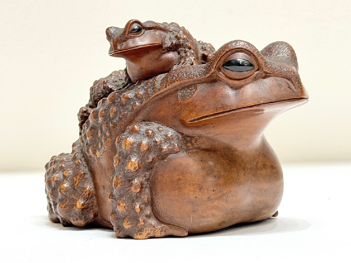 蛙 鈴木正直 黄楊 銘あり 正直 親子蛙 カエル 置物 全長 約12.5cm 重量 約349.4g 古美術 根付 骨董 当時物