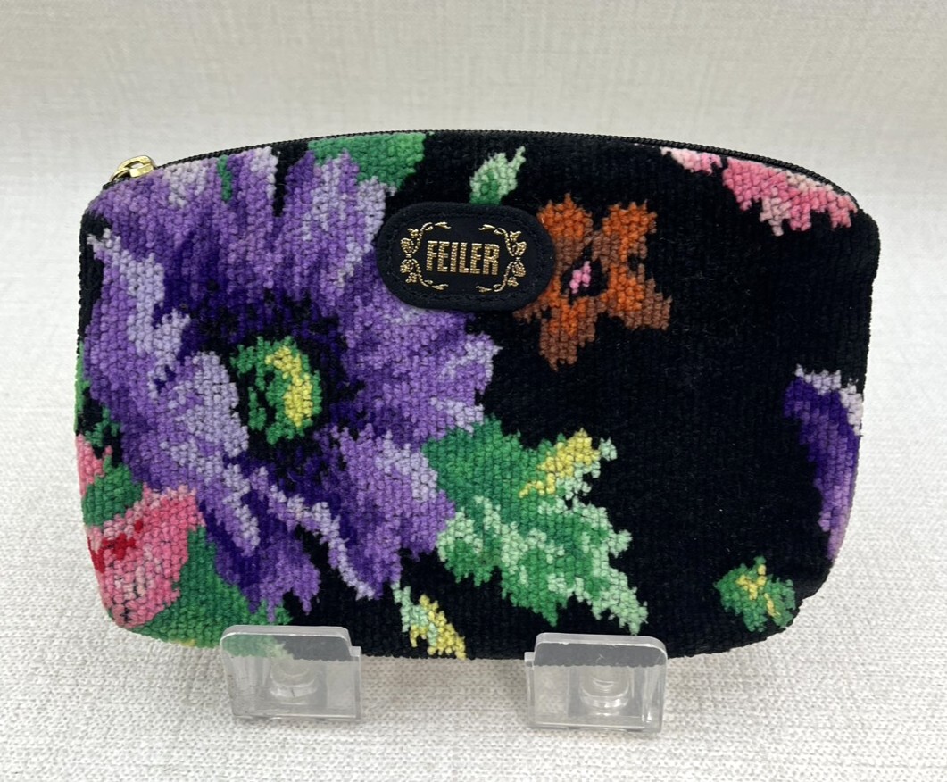 【S713】FEILER/フェイラー/ポーチ/シュニール織/花柄/黒系/18×12㎝/メイクポーチ/小物入れ/中古