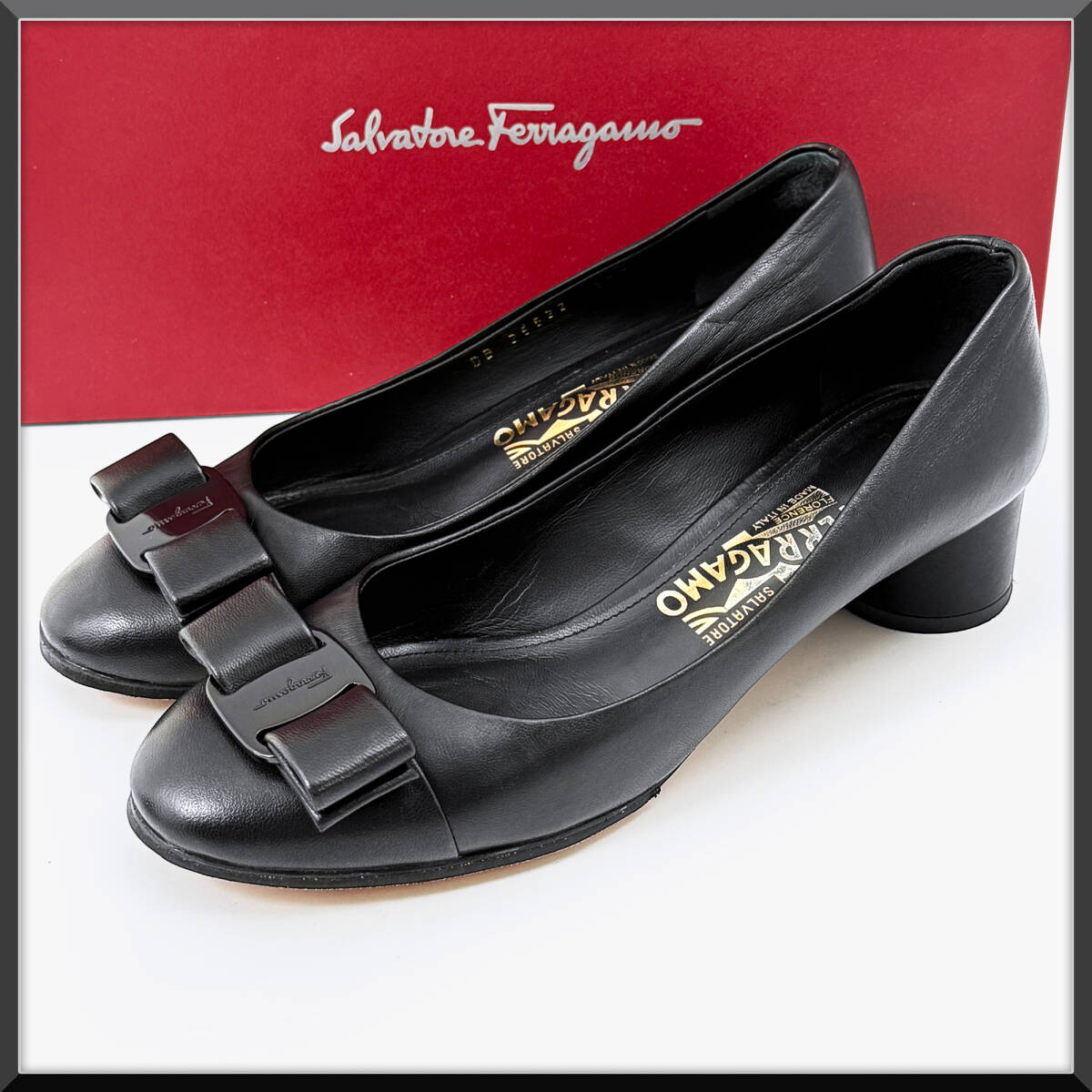 美品 サルヴァトーレ フェラガモ パンプス ヴァラ リボン 真っ黒 ブラック 24.5㎝ 6.5 ローヒール ラウンドトゥ ferragamo