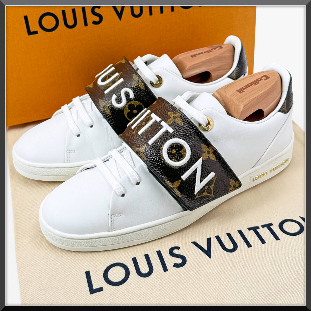 極美品 ルイヴィトン LOUIS VUITTON フロントロー ライン スニーカー モノグラム バンド 刺繍ロゴ 36 23㎝ 白