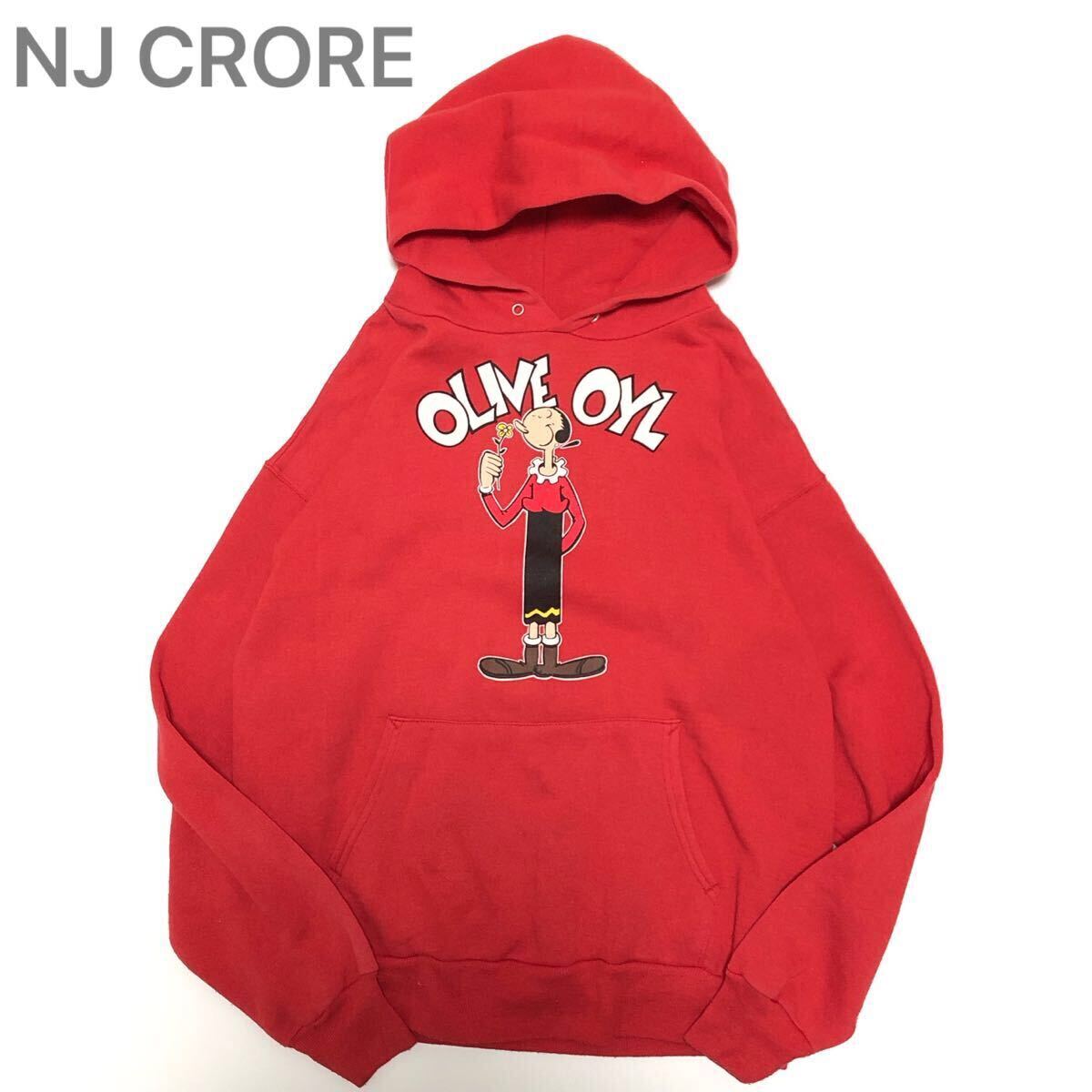 NJ CRORE エヌジェイクローチェ 長袖 パーカー オリーブ オイル ポパイ M フーディ 赤 レッド ヴィンテージ 古着 スウェット USA製 90s