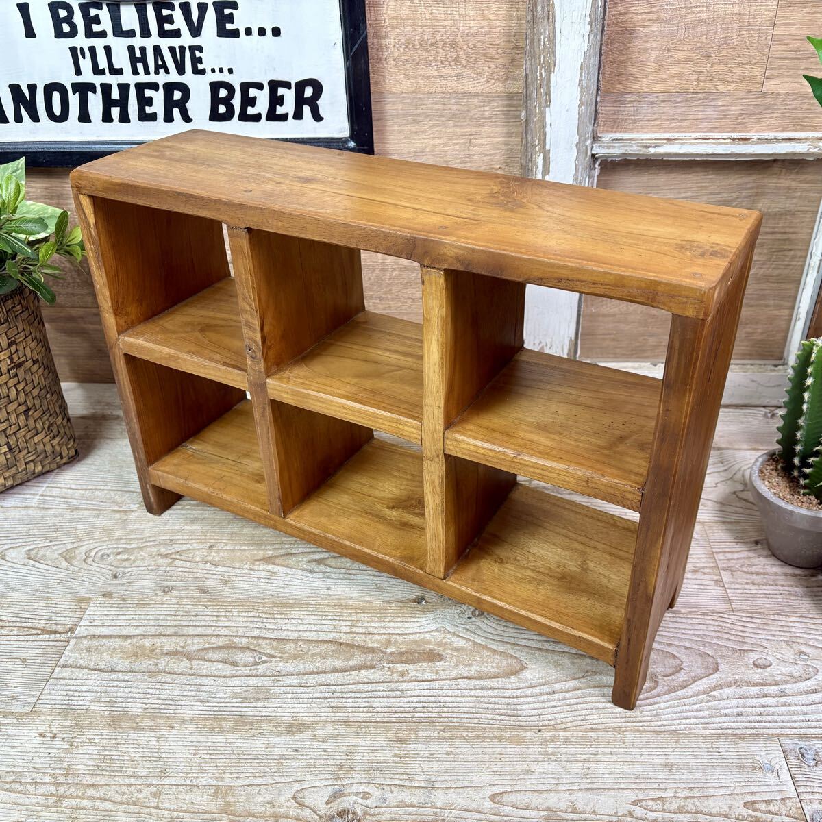 送料無料、オールドチーク天然無垢材二段ラックマス(53㎝×36㎝)天然木ナチュラルウッド置台、格子ラック、シェルフ、花台、飾り台