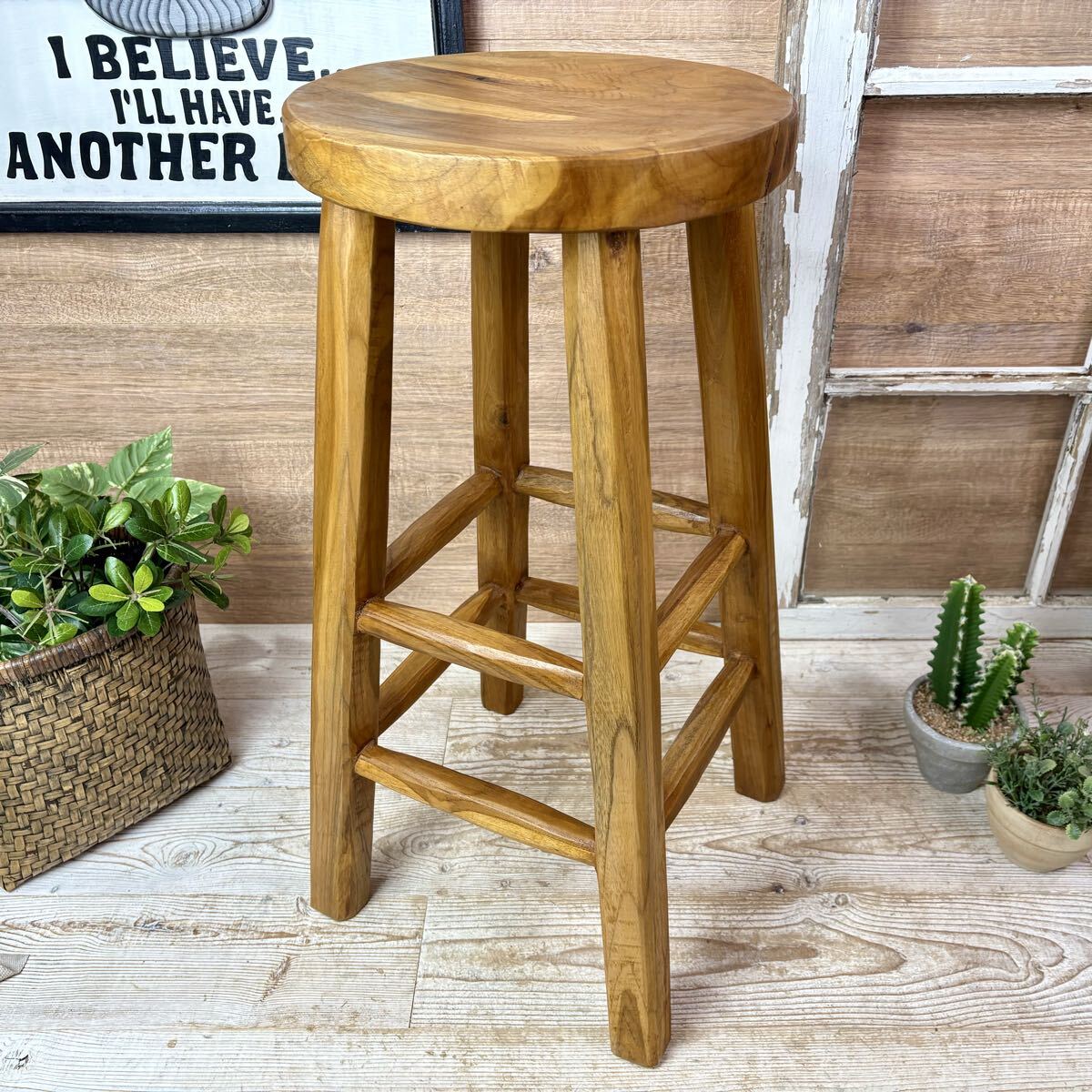 送料無料、オールドチーク天然無垢材ナチュラルウッドハイスツール丸、木製イス、カウンターチェア、天然木、花台、椅子