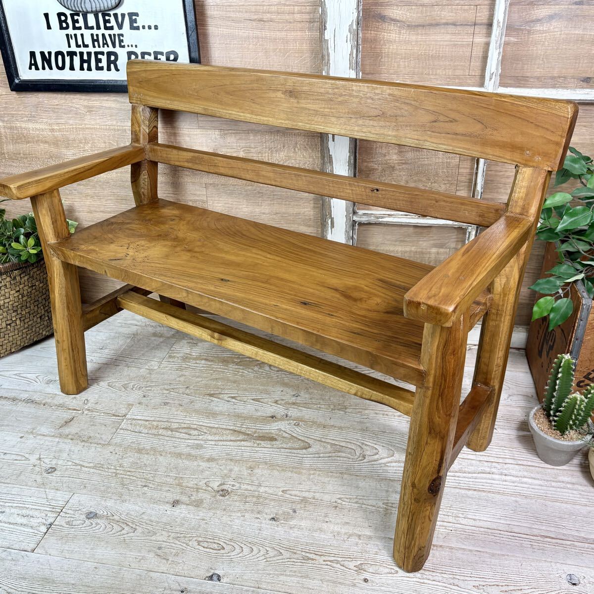 訳あり品！送料無料オールドチーク天然無垢材背もたれ付きベンチL(92㎝)木製一枚板ウッド椅子ナチュラルウッド飾り台ロングベンチ一枚板