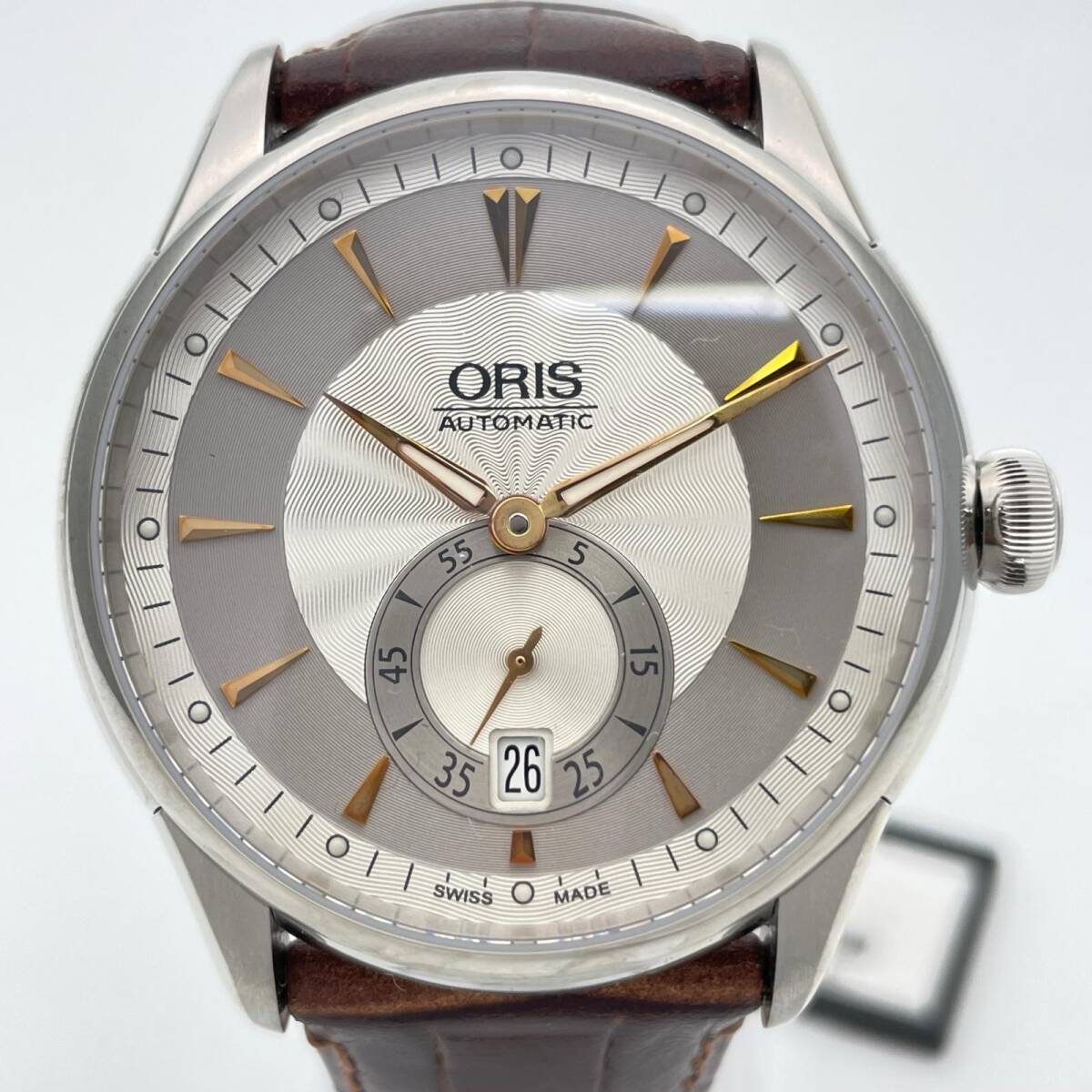 美品 オリス アートリエ スモセコ 7582 自動巻 タグ付 グレー シルバー文字盤 メンズ 腕時計 ORIS 中古 ◆2008