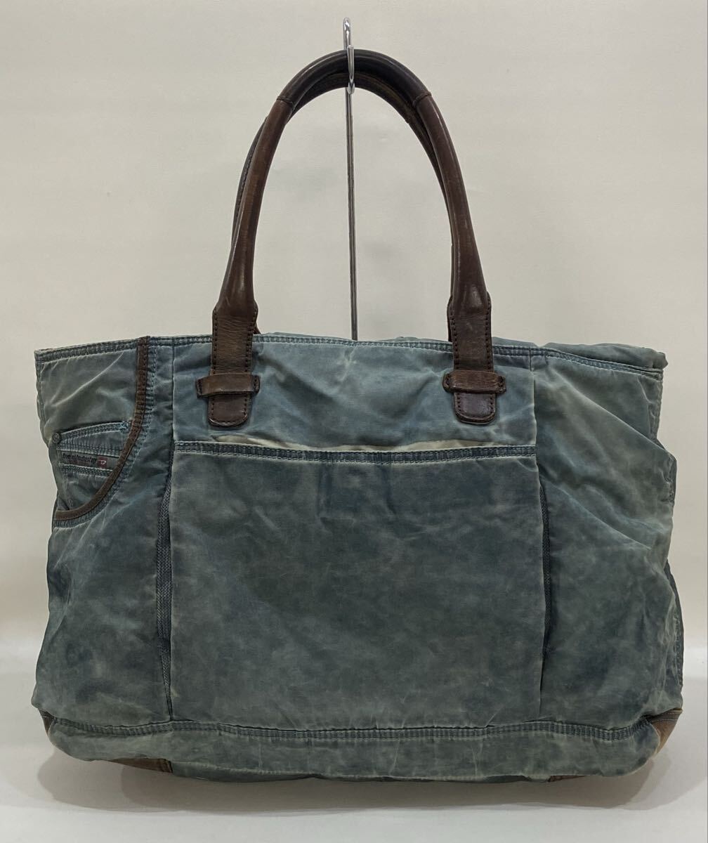 MWB60318◆本物◆ ディーゼル DIESEL ナイロン×本革レザー デニム柄 ブルー系×ブラウン色 デニム風 トートバッグ 