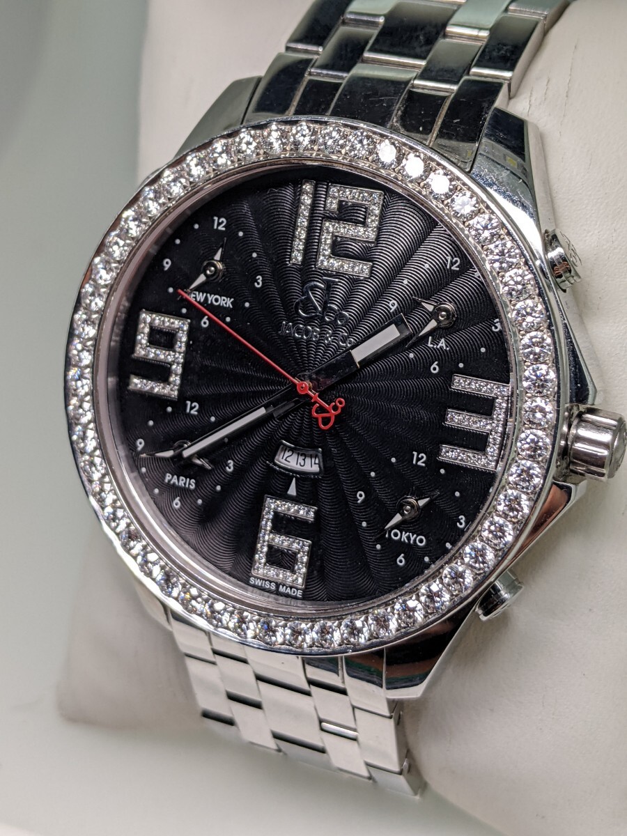 JACOB＆CO FIVE TIME ZONE 47mm 腕時計 ジェイコブ ダイヤ ファイブタイムゾーン Quartz ダイヤモンド diamond 稼働品 電池交換済み
