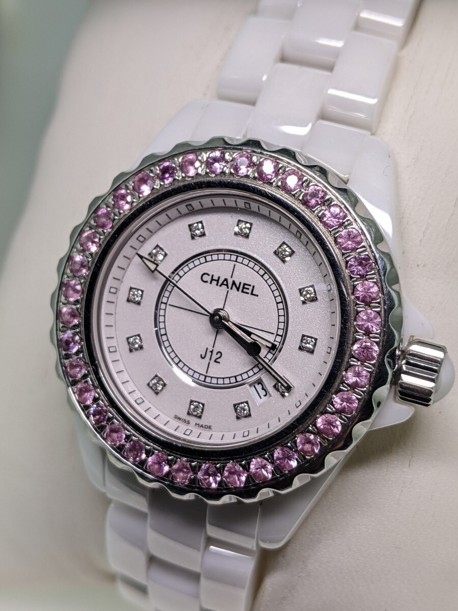 CHANEL シャネル J12 33mm H2010 純正ピンクサファイア/12Pダイヤ 白セラミック レディース クォーツ 腕時計 ピンクサファイア