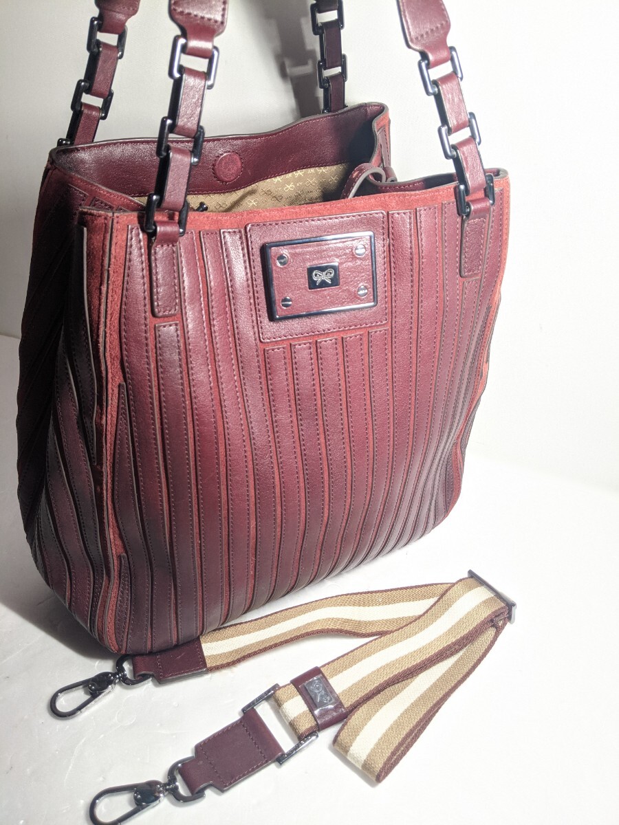 美品 ANYA HINDMARCH アニヤハインドマーチ ハンドバッグ ベルヴェデーレ ストライプ トートバッグ 肩掛け レザー A4 バッグ
