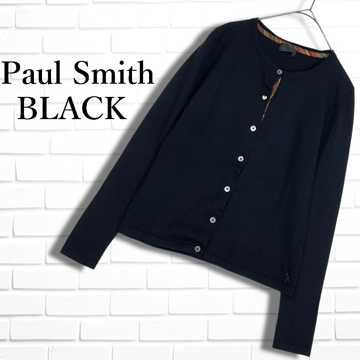 ◆美品◆ Paul Smith BLACK ポールスミス ハートボタン 軽め♪ ウール 長袖 カーディガン 黒 ブラック レディース M ◆送料無料◆ 1086C□