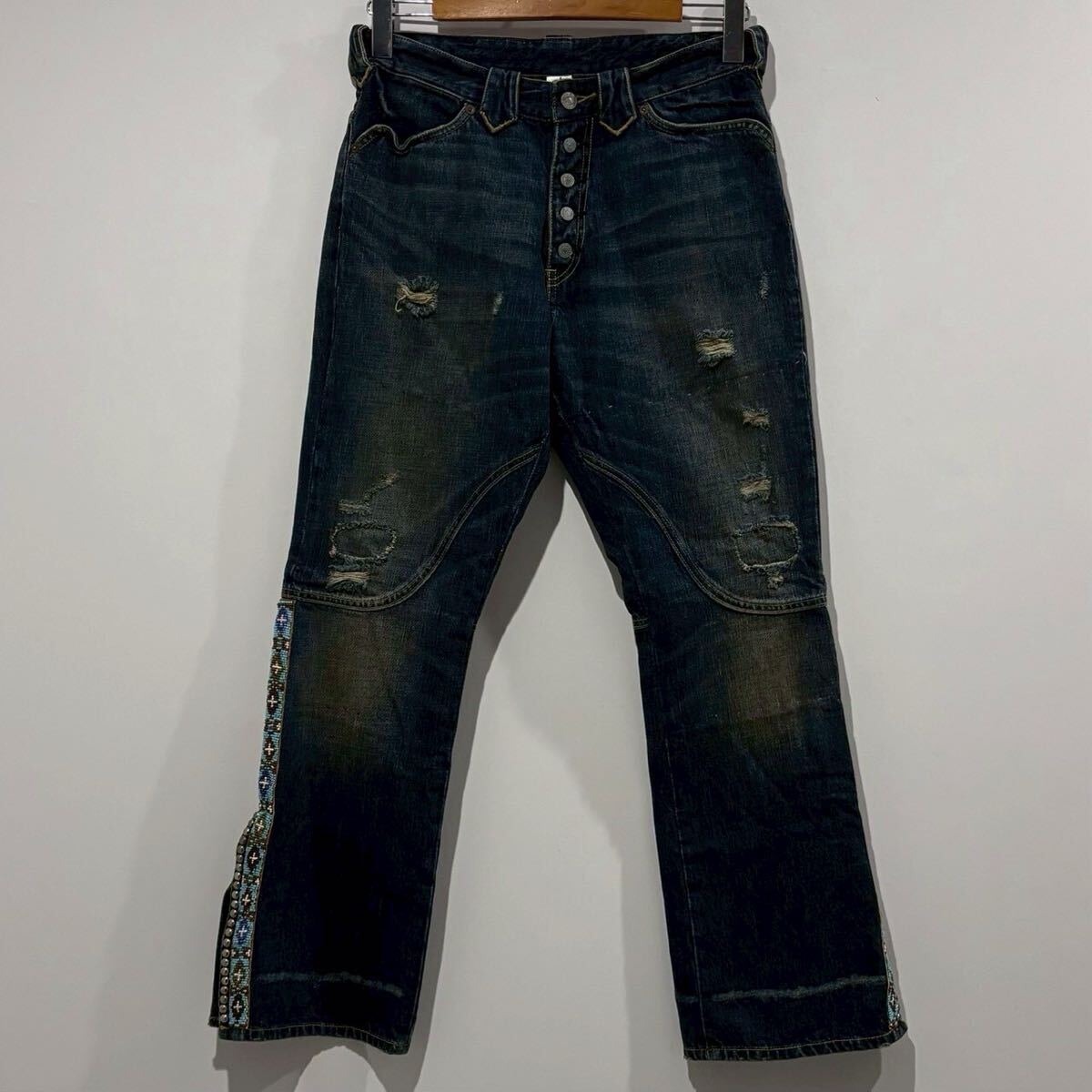 美品 希少 RRL ダメージ エイジング 加工 NAVAJO ネイティブ スタッズ ビーズ レザー ウエスタン デニム パンツ W31 ダブルアールエル ralp