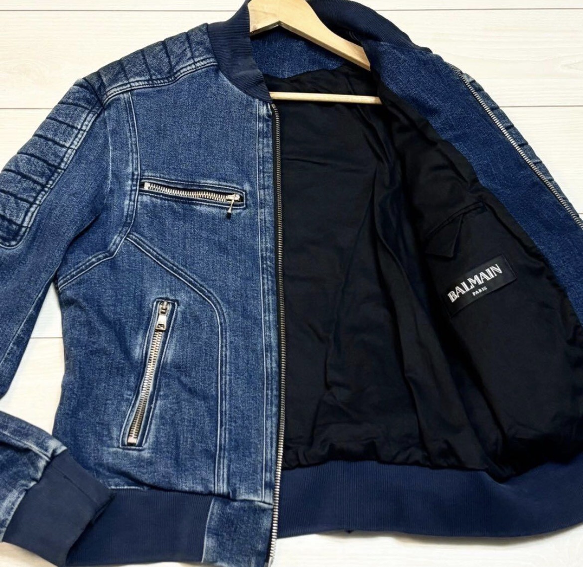 未使用級/XLサイズ相当●BALMAIN バルマン デニム ブルゾン ジャケット エンボスロゴ ライダース ダブルジップ アウター 春 スプリング