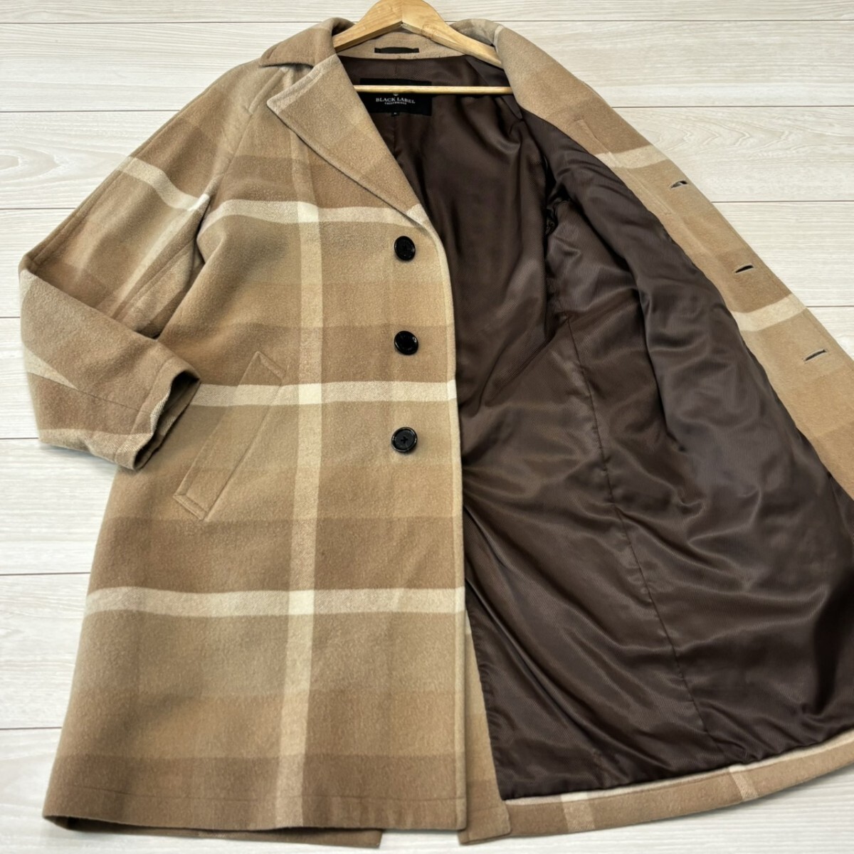 極美品/Mサイズ●BLACK LABEL CRESTBRIDGE ブラックレーベルクレストブリッジ チェック柄 総柄 ウール チェスターコート ベージュ アウター