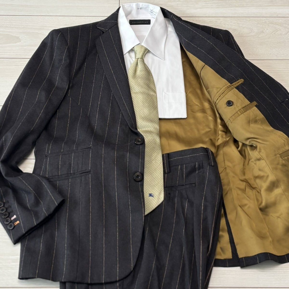 極美品/XLサイズ相当●Ermenegildo Zegna エルメネジルドゼニア チョーク ロープストライプ スーツ 裏地マスタードカラー セットアップ