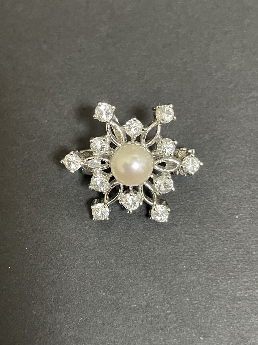 【中古】ブローチ大粒パール雪の結晶 ラインストーン樹枝状スノークリスタルシルバー 
