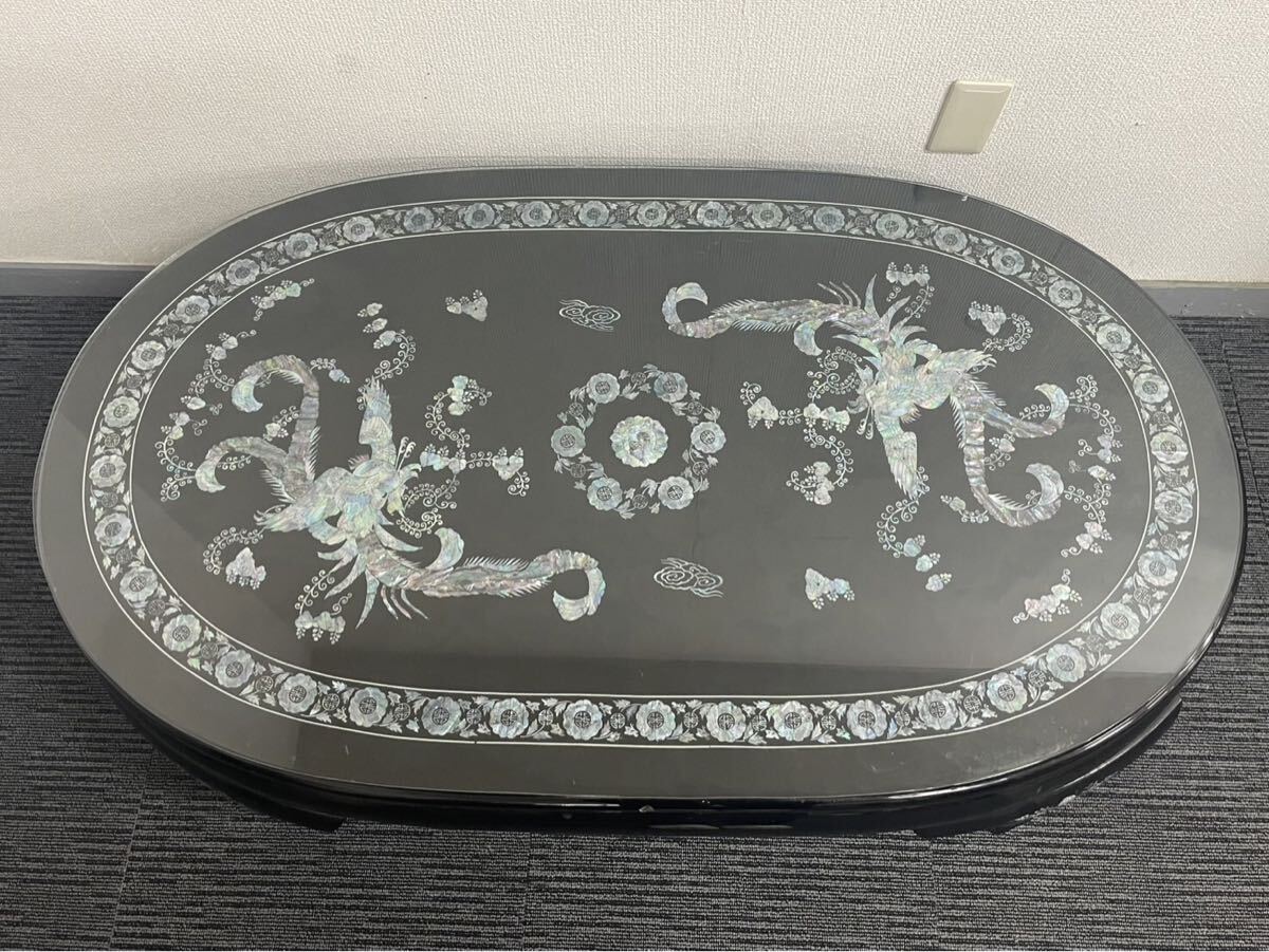 螺鈿細工 座卓テーブル 横幅135cm 黒 ローテーブル センターテーブル 黒漆塗り 伝統工芸 ガラス天板付き 