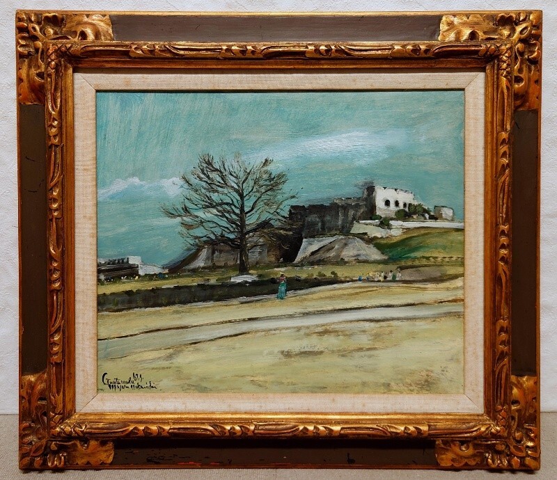 真作保証 中西勝「古城の見える風景」板に油彩 8号 名鑑528万 梅田画廊取扱 1967年作 二紀会常任理事 東京国立近代美術館 差箱