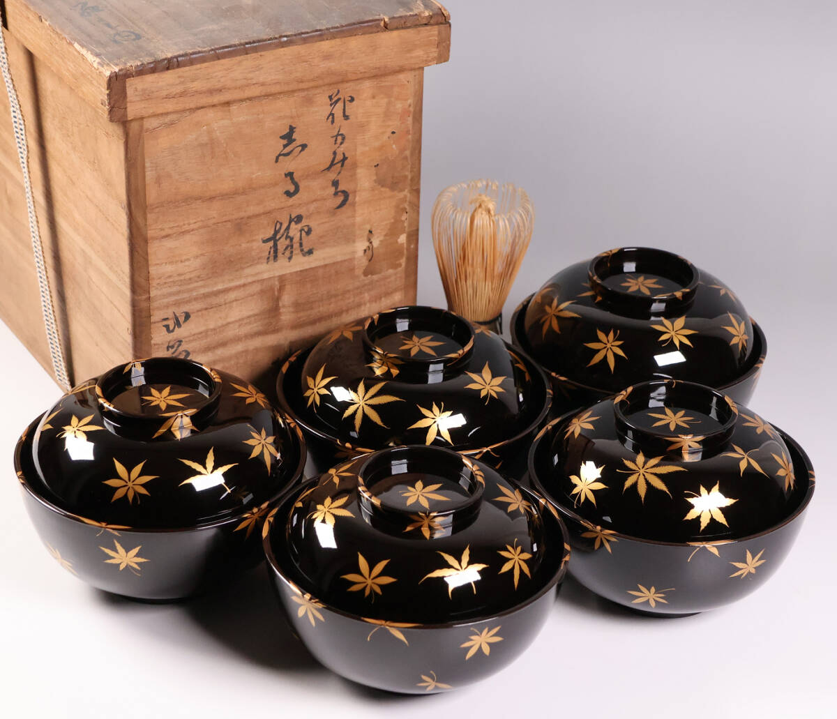 【CM437】天然木漆塗 花のみち 桜紅葉 雲錦金蒔絵 黒汁椀 五客 大正昭和 漆芸 木製漆器 茶懐石道具 / (検) 輪島 加賀 能登 伝統工芸品