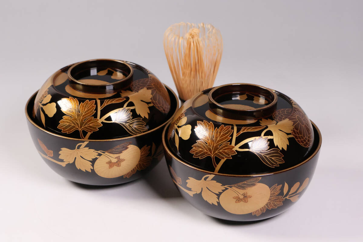 【CM455】天然木漆塗 丸菊金蒔絵 黒塗椀 二客 大正昭和 梨地 漆芸 木製漆器 / (検) 輪島 加賀 京都 平安 伝統工芸品 茶懐石