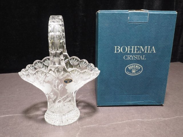 L259 BOHEMIA CRYSTAL ボヘミア クリスタル バスケット ハンドカット フラワー 花瓶 高さ26cm