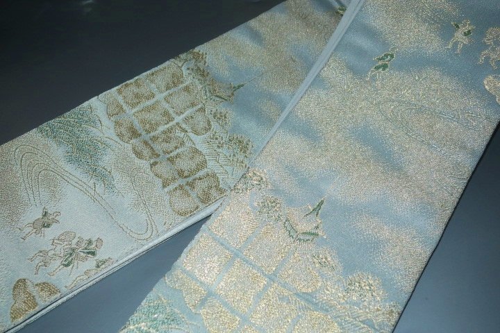 弐11460RM 男角帯 絹交ぜ織り西陣織 К灰緑色地に沈金暈しの山鉾巡行の図 新品 別誂え