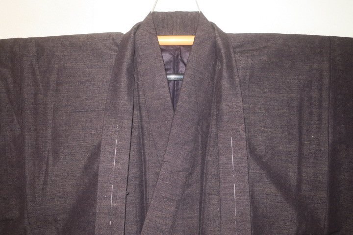 お買い得セール 弐11461 本絹本真綿結城紬 男着物羽織 裄70丈139К黒樺茶虎斑「結」印極上品 未着用新品級
