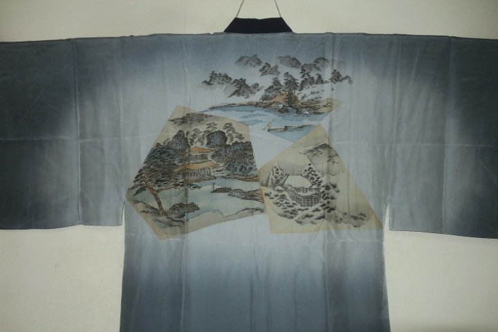 弐11469 本絹羽二重 長襦袢 裄71丈143К灰緑色 絵羽 胴囲超特大 未着用