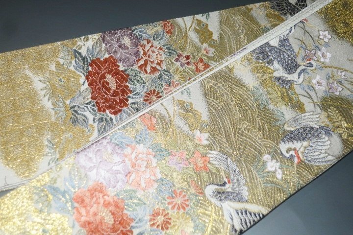 弐11479RM 男角帯 本絹西陣錦織 К金襴・御所解き鶴に百花繚乱 おめでたい 金属糸使用 新品 別誂え