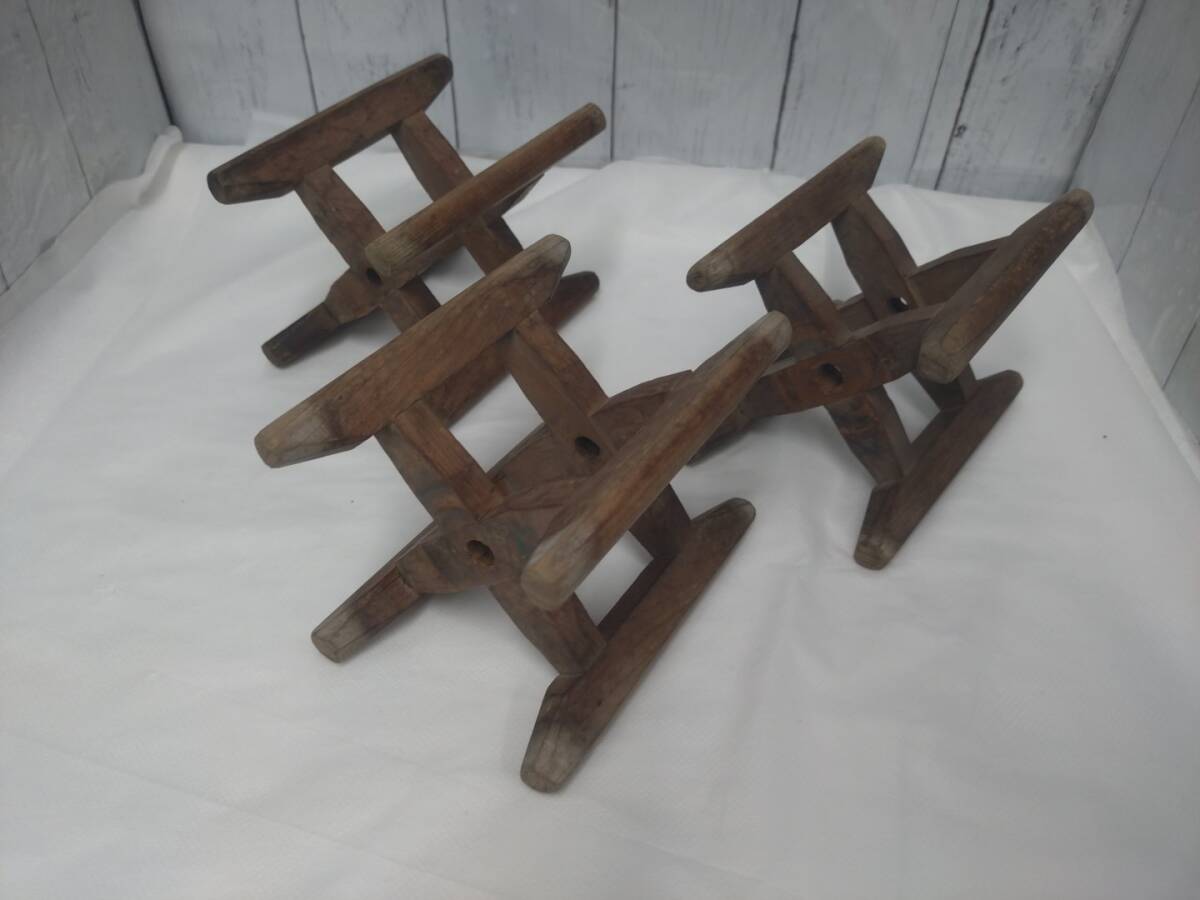 【09】経年の雰囲気が素敵な木製糸巻き3個セット スプール花台展示棚古道具骨董古物古民具アンティークビンテージ