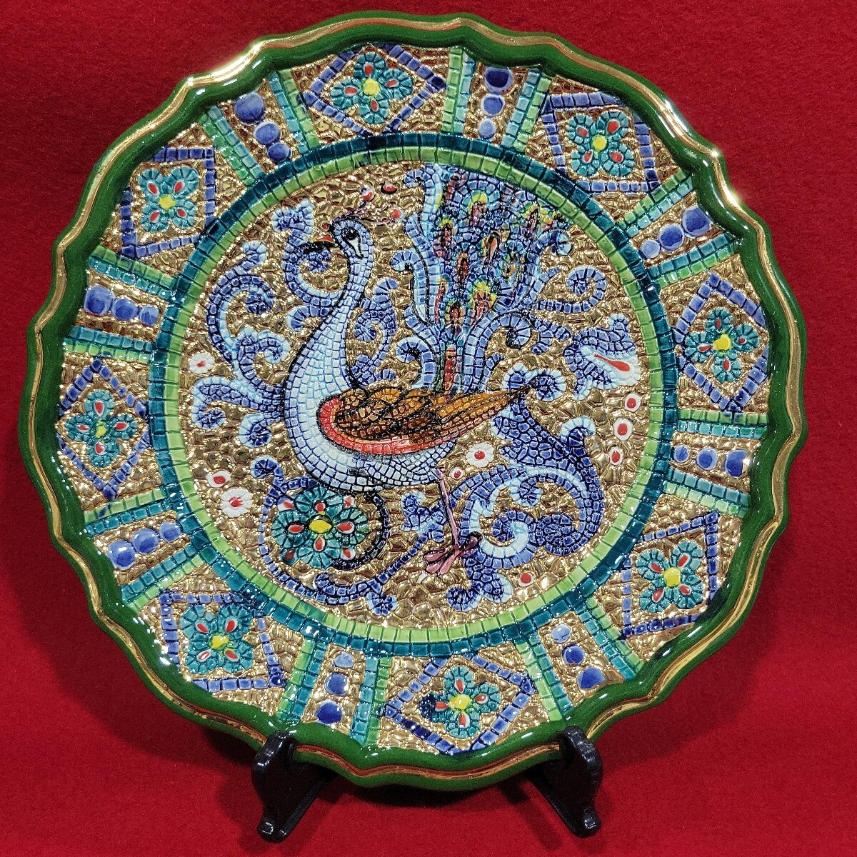 №73 長期保管品 イタリア製 ラヴェンナ RAVENNA タイルアート 孔雀皿 飾り棚 直径約24.5㎝ 