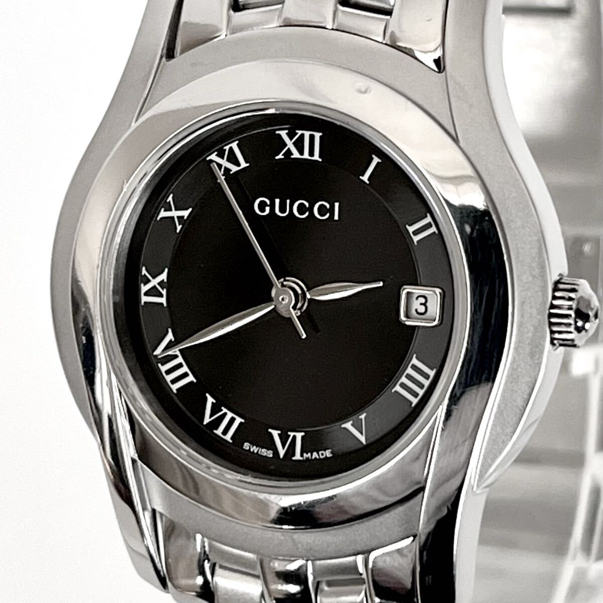 【稼働】磨き済み グッチ GUCCI 5500L レディース 腕時計 美品 電池新品 ブラック文字盤 s2304