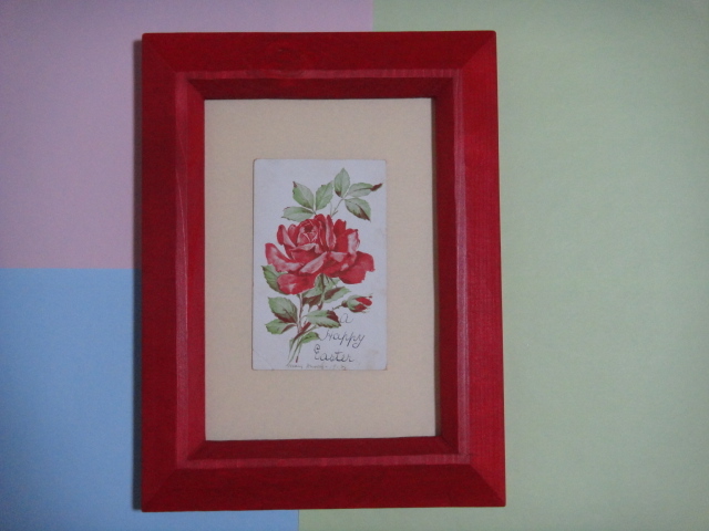 額縁　赤色　手造り　手彫り　木製一枚板　ポストカード　絵手紙　五月の女王