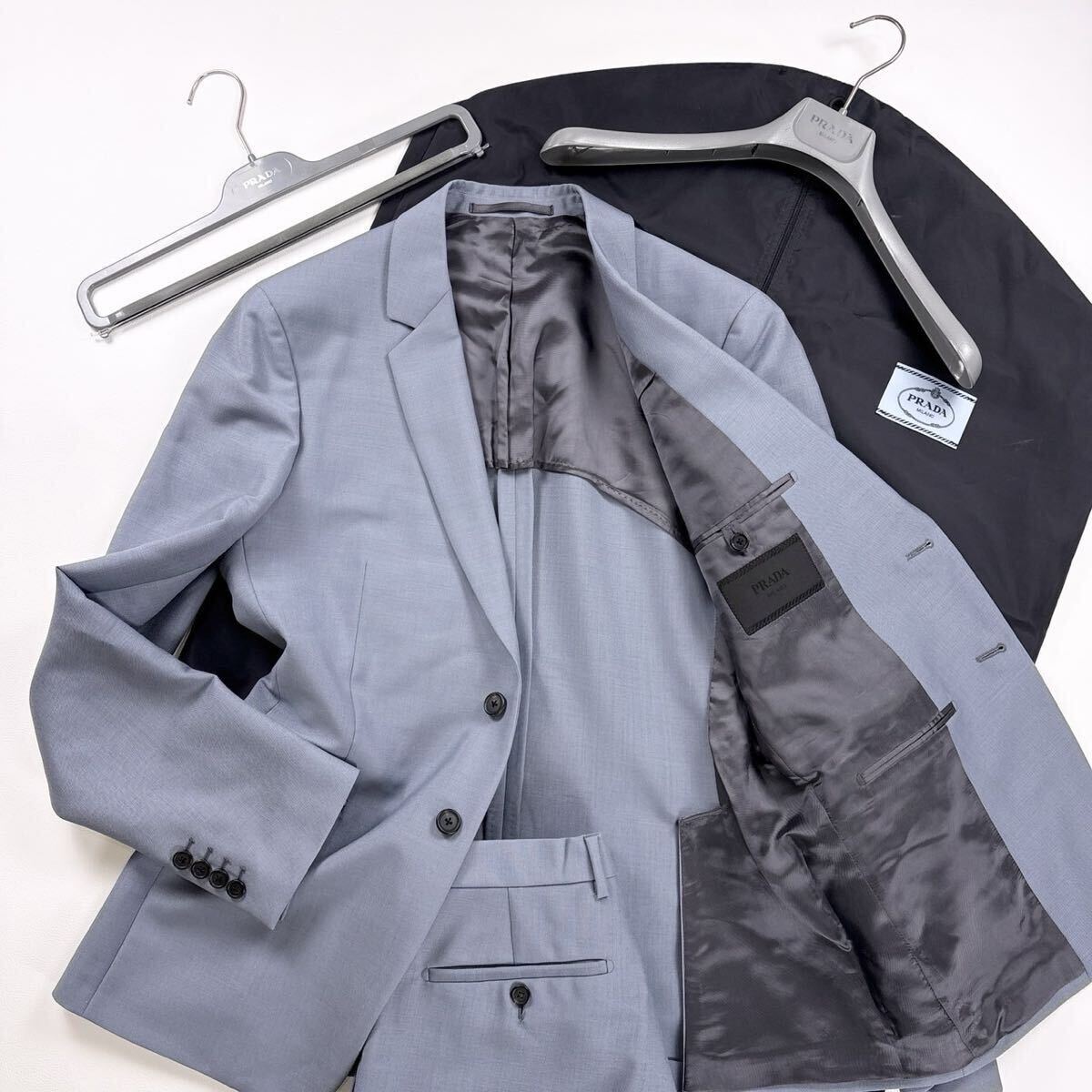現行 PRADA プラダ モヘア セットアップスーツ ライトブルー グレー系 L相当 イタリア ビジネス ジャケット メンズ 