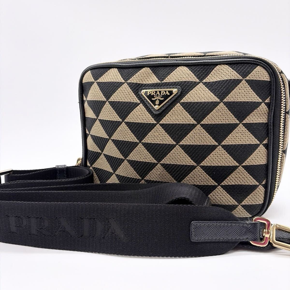 現行 PRADA プラダ ショルダーバッグ クロスボディバッグ トライアングルロゴ エンブロイダリー キャンバス レザー レディース