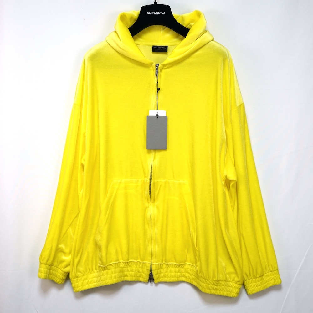 BALENCIAGA バレンシアガ ベルベット ジップアップ フーディ パーカー イエロー XSサイズ 748096TM026