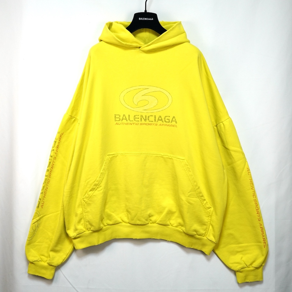 BALENCIAGA バレンシアガ SURFER ROUND HOODIE サーファー ラウンド フーディ パーカー ロゴ プリント ダメージ加工 イエロー サイズ2