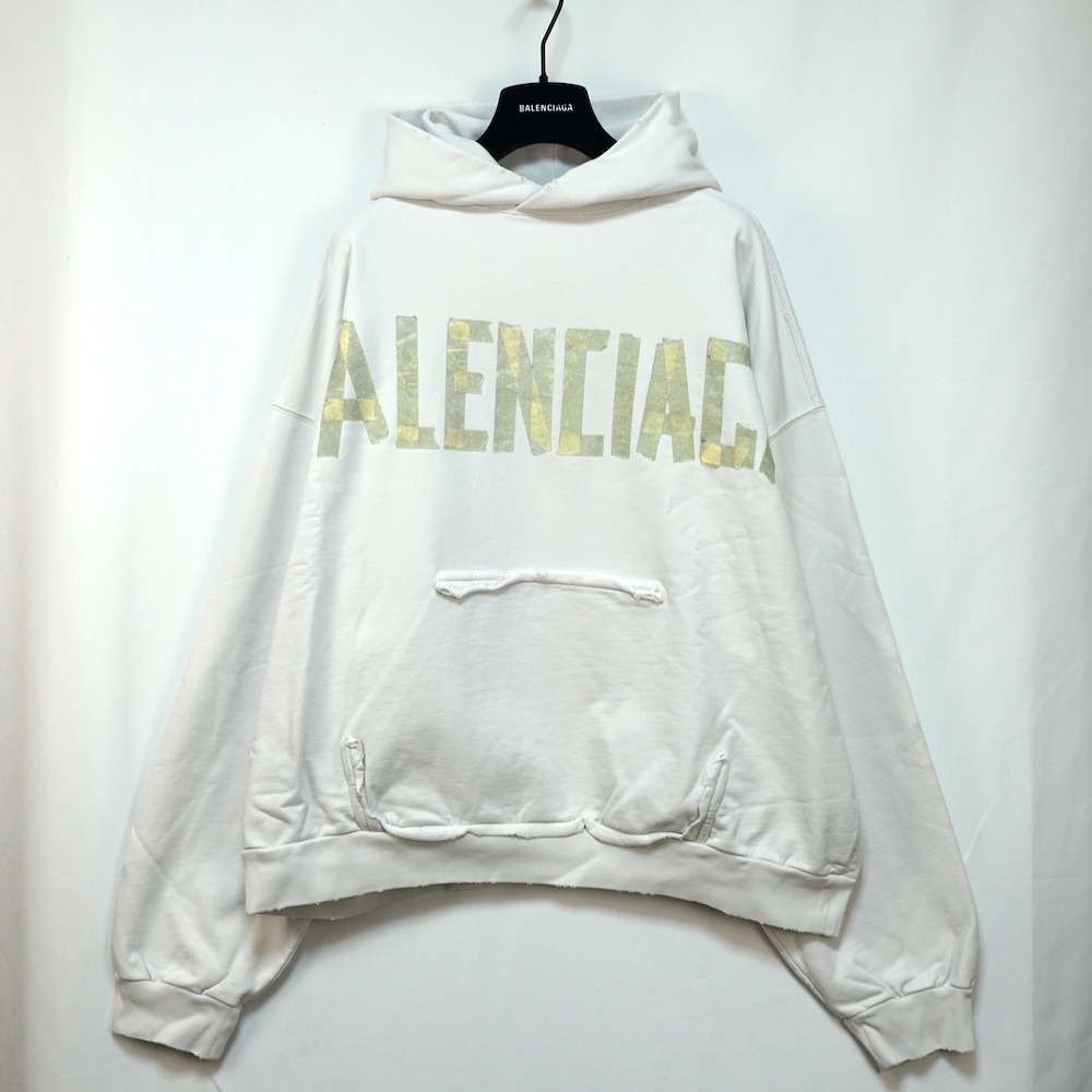 BALENCIAGA バレンシアガ Tape Type Ripped Pocket Hoodie テープ ロゴ リップド ポケット フーディ パーカー ホワイト Lサイズ 74441T0VB1