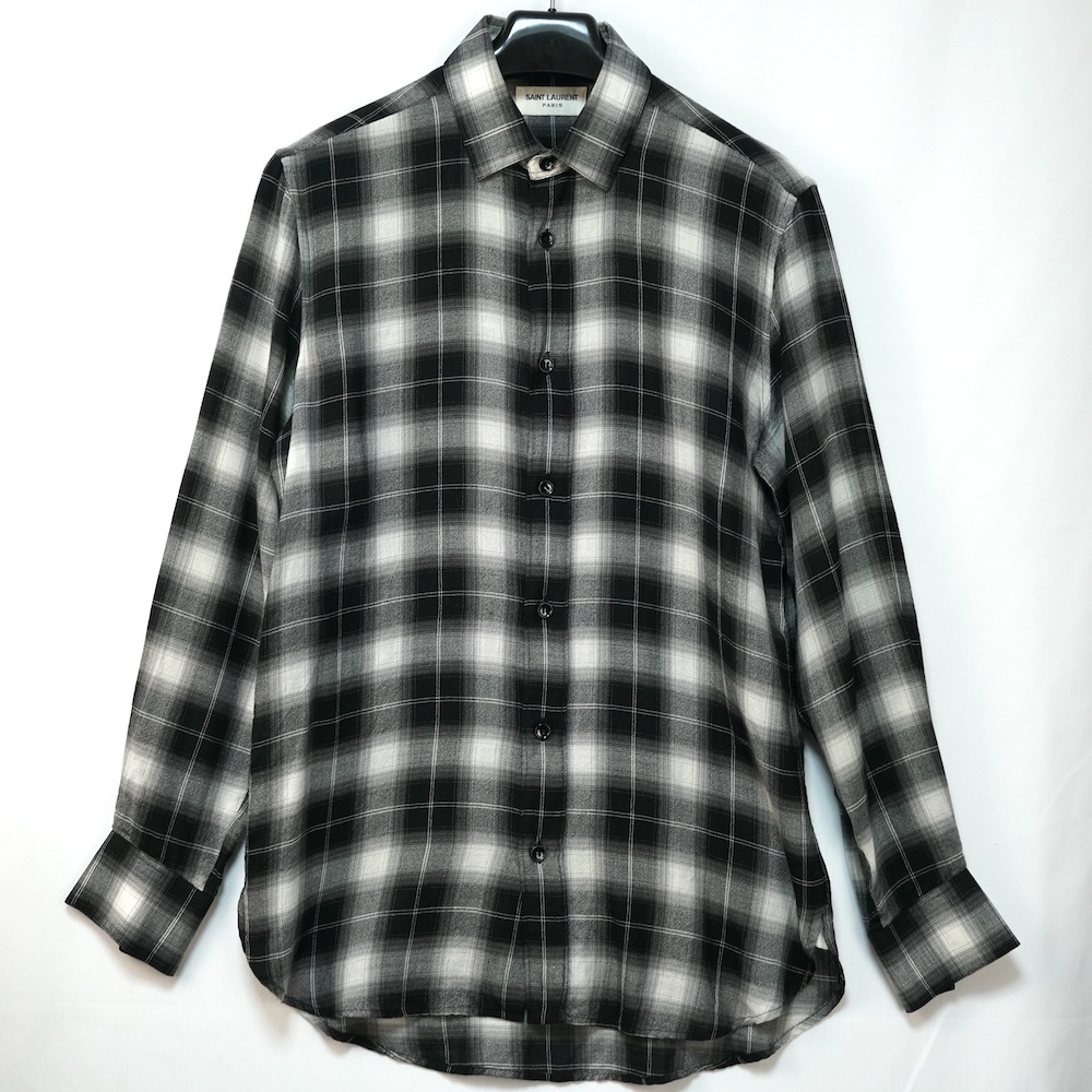 SAINT LAURENT PARIS サンローラン パリ オンブレ チェック シャツ キュプラ ウール ナイロン ブラック 37サイズ 14.5 376916 Y730J