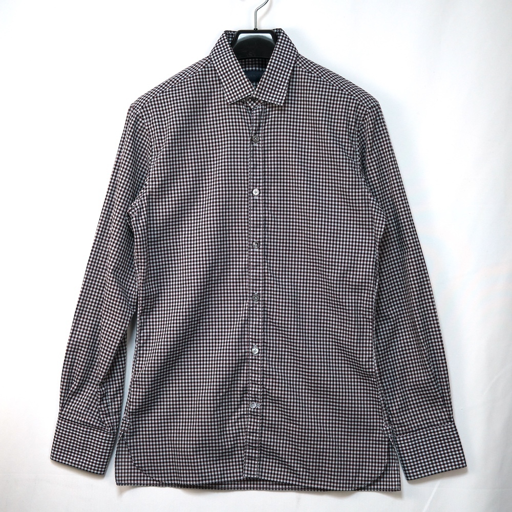 LANVIN ランバン ボタンダウン ギンガム チェック コットン シャツ ロングスリーブ ブラック レッド ブルー 37サイズ14.5 