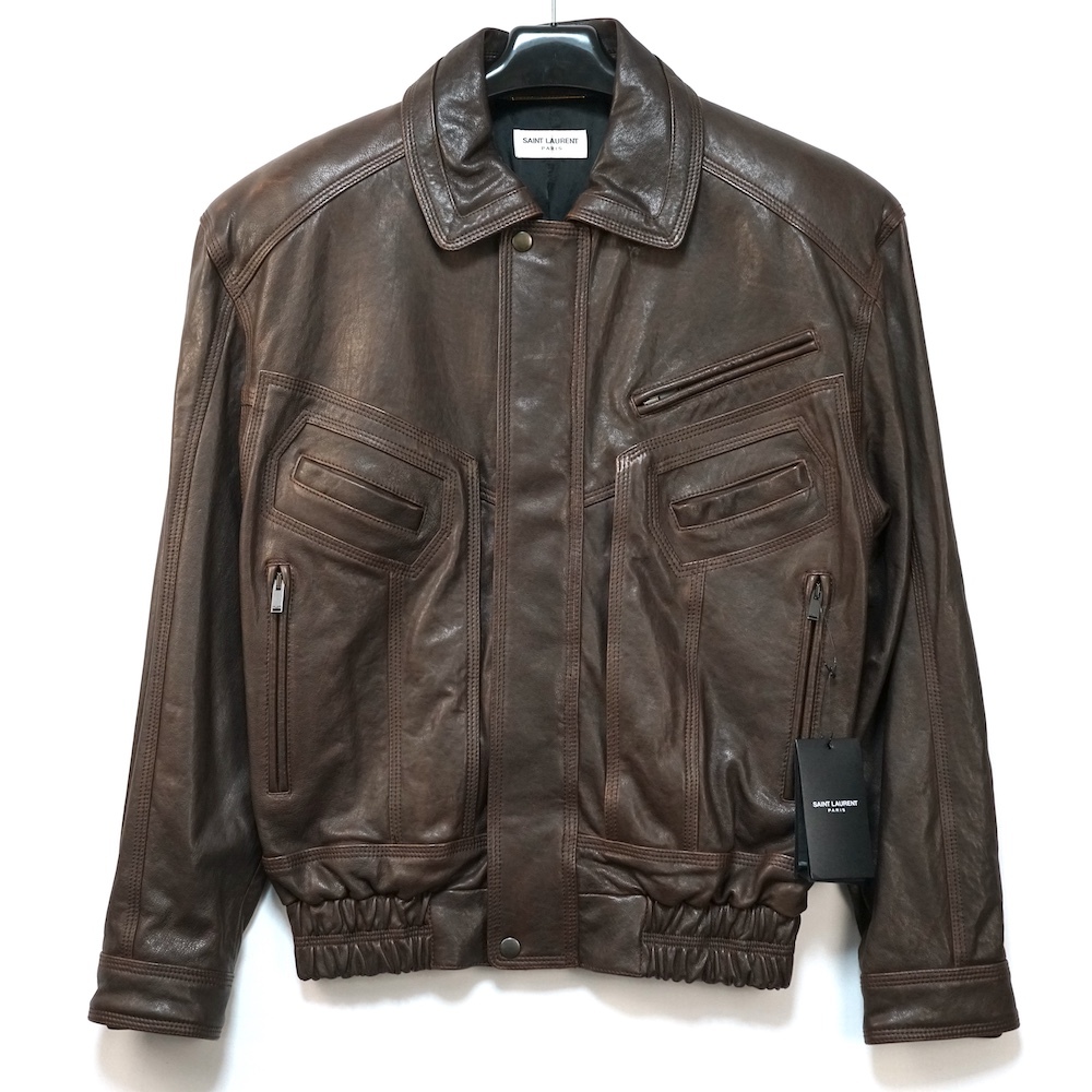 SAINT LAURENT PARIS サンローラン ジップ レザー ジャケット ダークブラウン ヴィンテージ加工 F38サイズ 738886 YCNW2