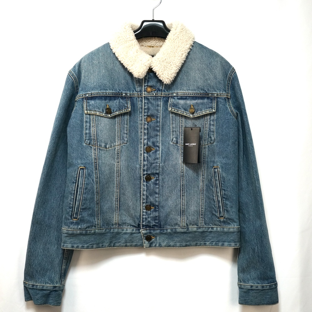 SAINT LAURENT PARIS サンローラン パリ ムートン ボア デニム ジャケット Gジャン ロゴ ワッペン ブルーデニム Mサイズ 643611YY883