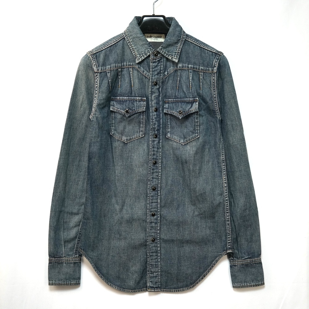 SAINT LAURENT PARIS サンローラン パリ デニム ウエスタン シャツ スナップボタン ヴィンテージ加工 ブルー デニム XSサイズ 656792 Y24AA