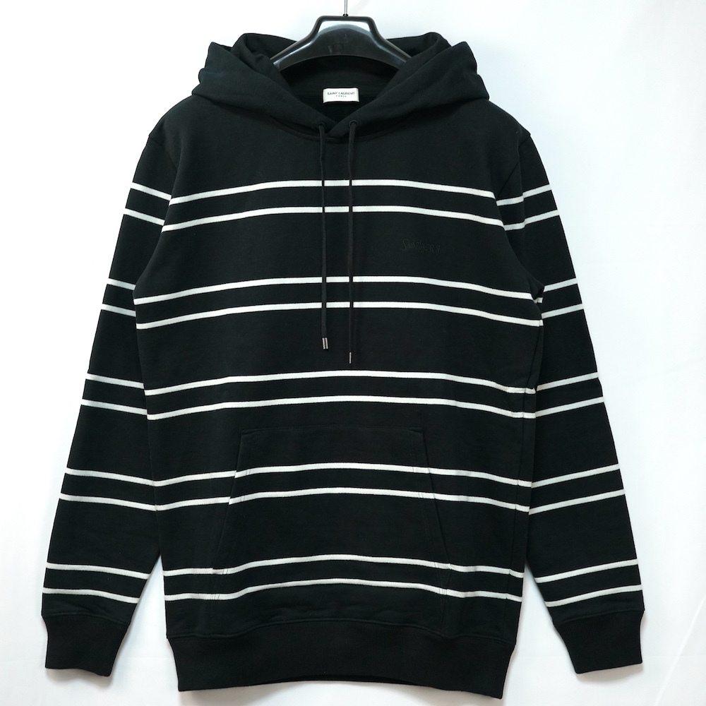 SAINT LAURENT PARIS サンローラン パリ ロゴ エンブロイダリー ボーダー フーディ パーカー 裏起毛 ブラック ホワイト sizeS 759979 Y37IZ