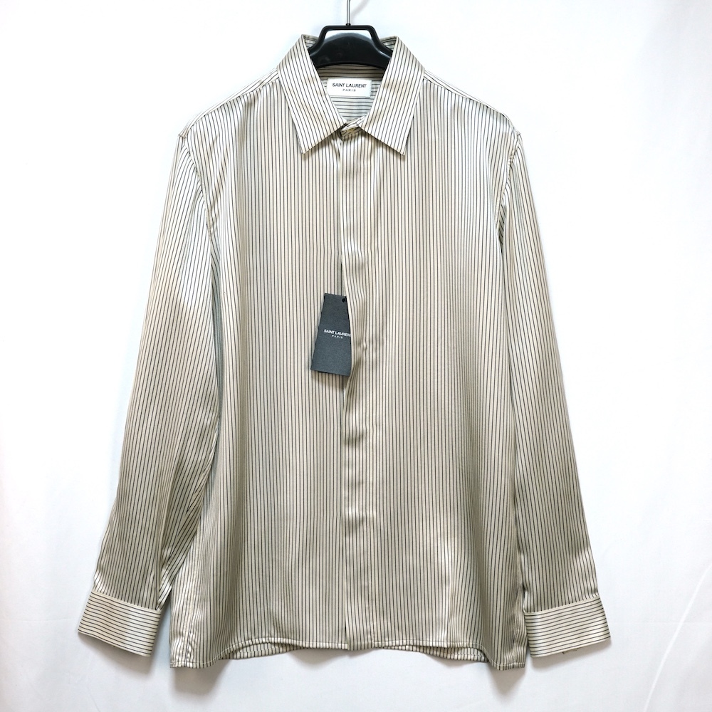 SAINT LAURENT PARIS サンローラン パリ ストライプ シルク シャツ ベージュ ネイビー 37サイズ 774827 Y3I87