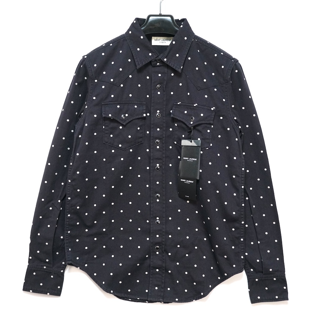 SAINT LAURENT PARIS サンローラン パリ ドット柄 ウエスタン デニム シャツ ブラック ホワイト Mサイズ 615139 Y535C
