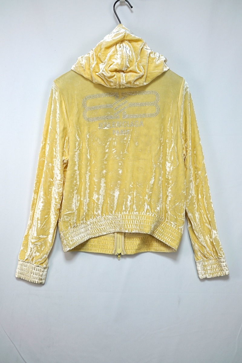 BALENCIAGA バレンシアガ ベルベット ラインストーン ロゴ ジップアップ フーディ パーカー イエロー Mサイズ 753474TOVO3
